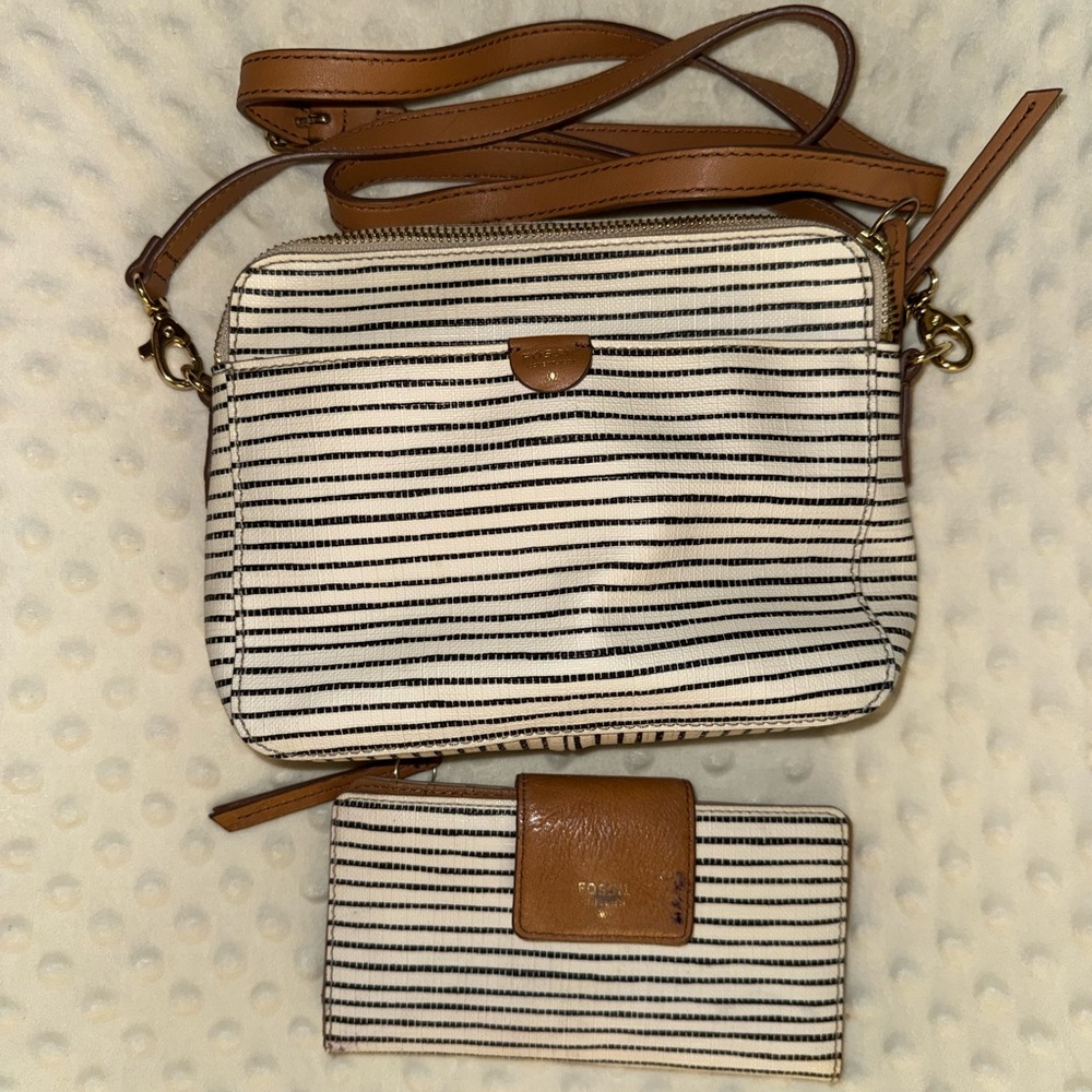 Fossil Black and White Striped Crossbody Bag with Wallet